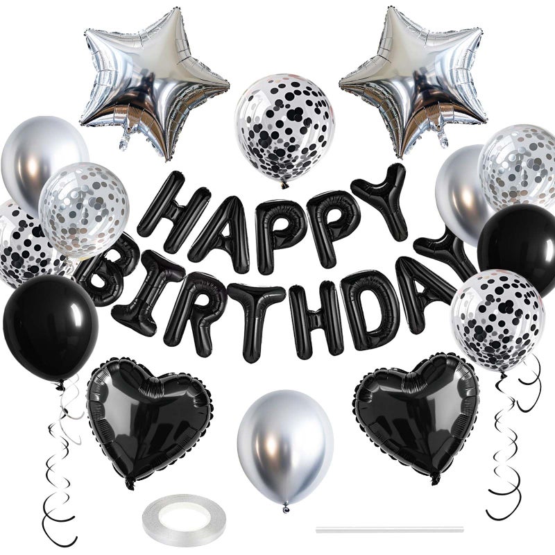 WEIKA 27 Pcs Black Silver Birthday Decorations 3D Letters Black Happy Birthday Balloon Banner Pentagram Heart Foil Balloons Confetti Balloons Kit For Boys Girls Party Supplies - Image 3