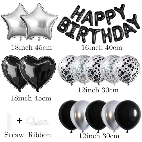 WEIKA 27 Pcs Black Silver Birthday Decorations 3D Letters Black Happy Birthday Balloon Banner Pentagram Heart Foil Balloons Confetti Balloons Kit For Boys Girls Party Supplies - Image 5