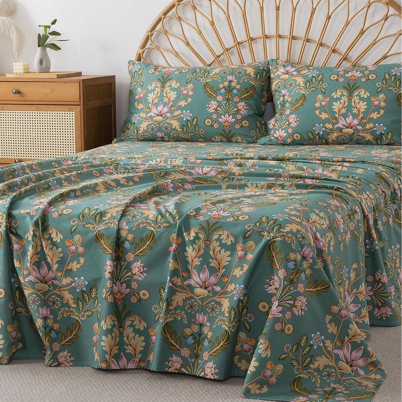 FADFAY King Sheet Set, Floral Sheets 4-Piece 100% Percale Cotton Bed Sheets Deep Pocket Fitted Sheet, Boho Vintage Teal Blue & Orange Country Style Bedding Soft Breathable - Image 2