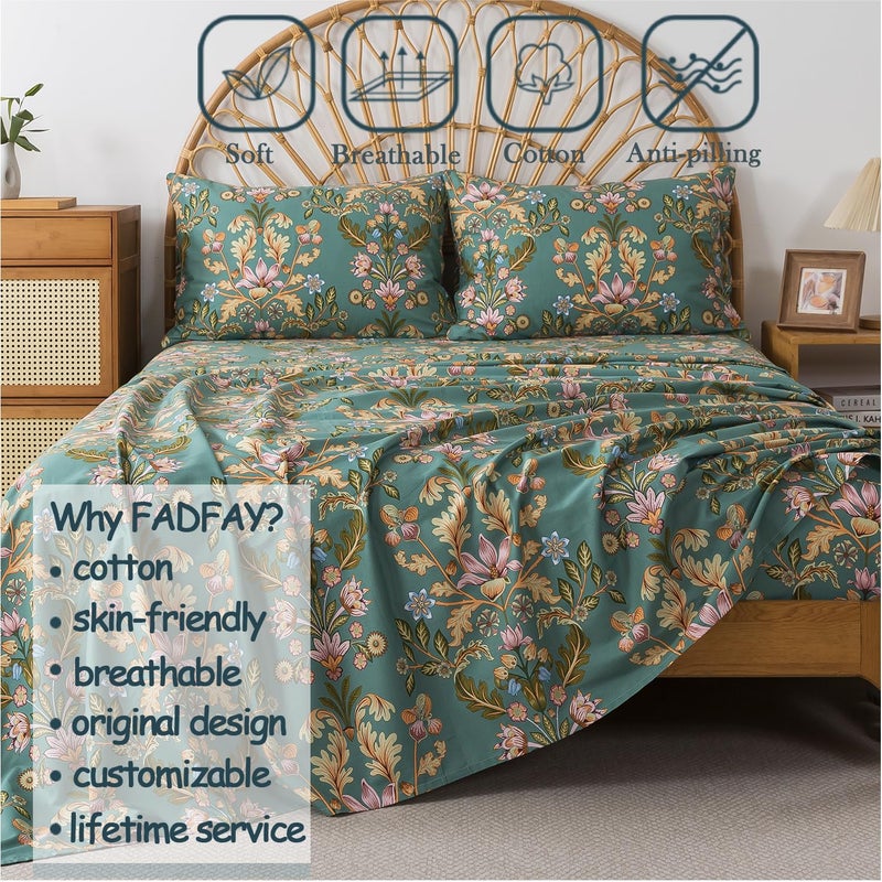 FADFAY King Sheet Set, Floral Sheets 4-Piece 100% Percale Cotton Bed Sheets Deep Pocket Fitted Sheet, Boho Vintage Teal Blue & Orange Country Style Bedding Soft Breathable - Image 3