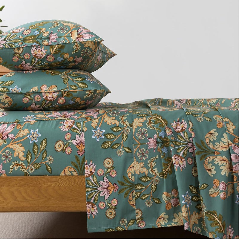 FADFAY King Sheet Set, Floral Sheets 4-Piece 100% Percale Cotton Bed Sheets Deep Pocket Fitted Sheet, Boho Vintage Teal Blue & Orange Country Style Bedding Soft Breathable - Image 1