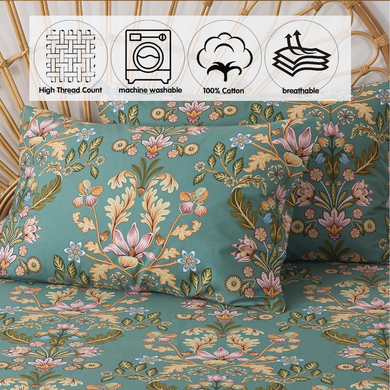 FADFAY King Sheet Set, Floral Sheets 4-Piece 100% Percale Cotton Bed Sheets Deep Pocket Fitted Sheet, Boho Vintage Teal Blue & Orange Country Style Bedding Soft Breathable - Image 5