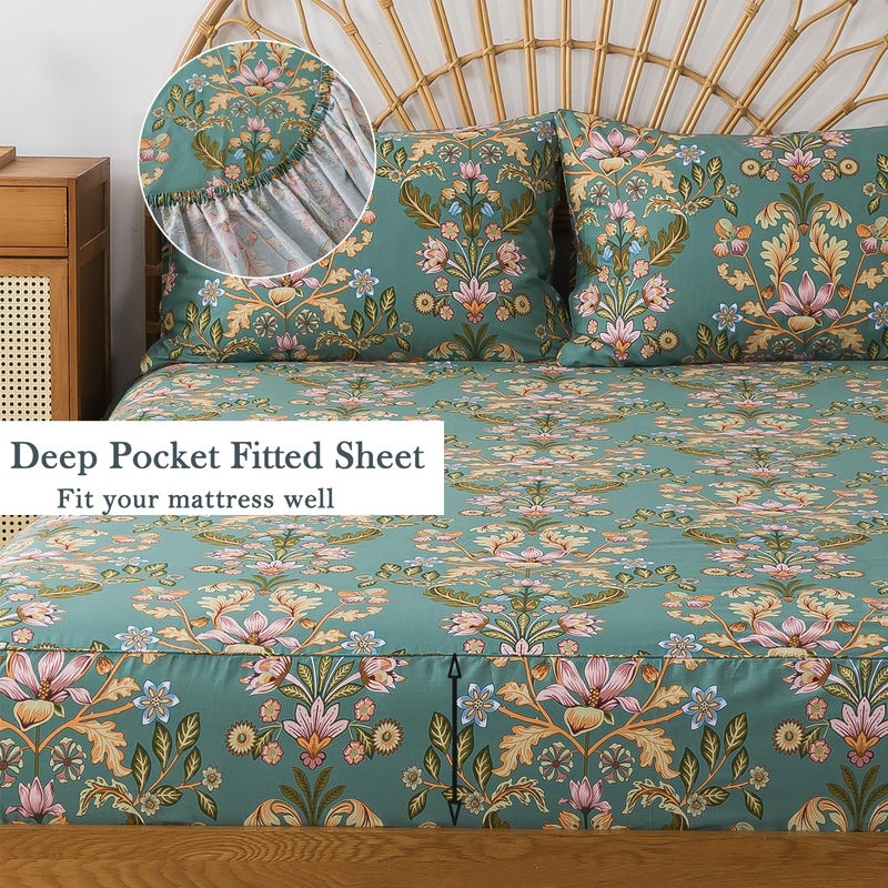 FADFAY King Sheet Set, Floral Sheets 4-Piece 100% Percale Cotton Bed Sheets Deep Pocket Fitted Sheet, Boho Vintage Teal Blue & Orange Country Style Bedding Soft Breathable - Image 4