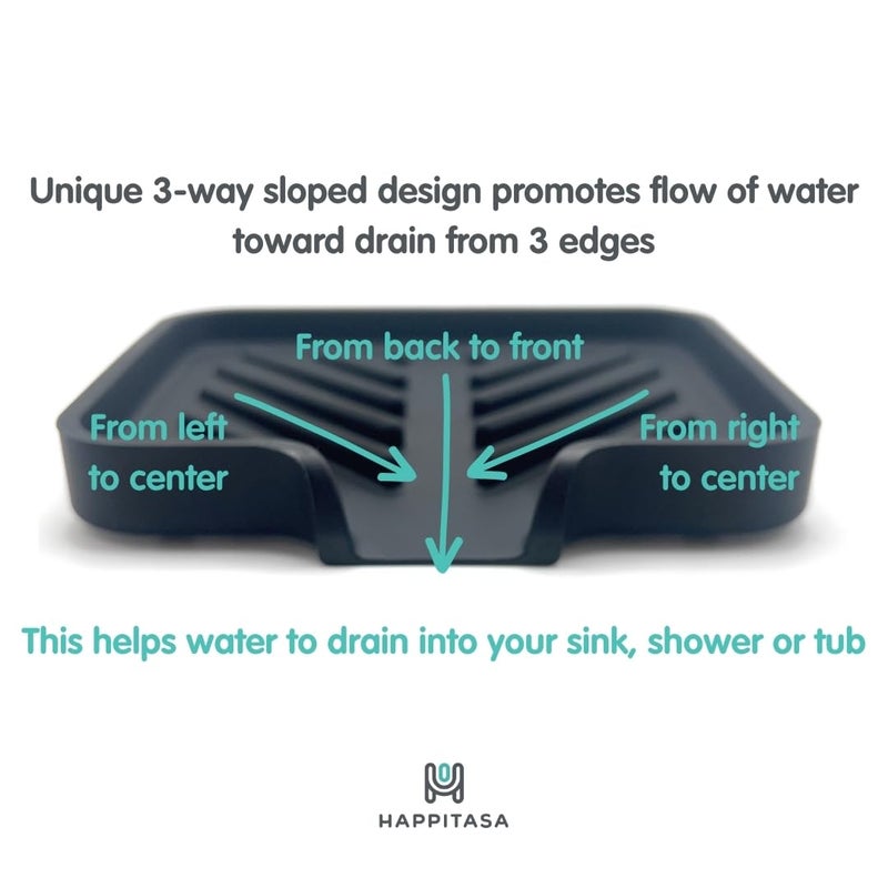 Happitasa Silicone Soap Dish Tray and Sponge Holder with Drain Chute and Feet | 3-Way Sloped Design | Bathroom and Kitchen Sink Organizer Caddy (Smoky Blue, 5"x4") - Image 1
