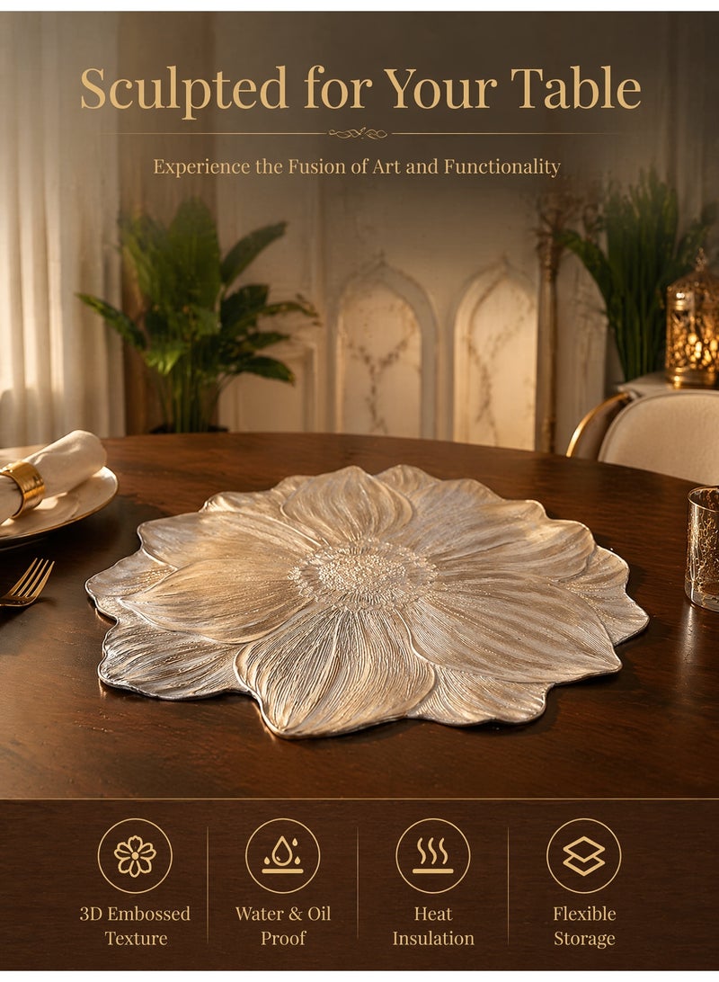 Nurava Lotus Pattern Placemats Set of 2 Gold Vinyl Table Mats Heat Resistant Non Slip Place Mats for Dinning Table Setting Wedding Party Decoration - Image 2