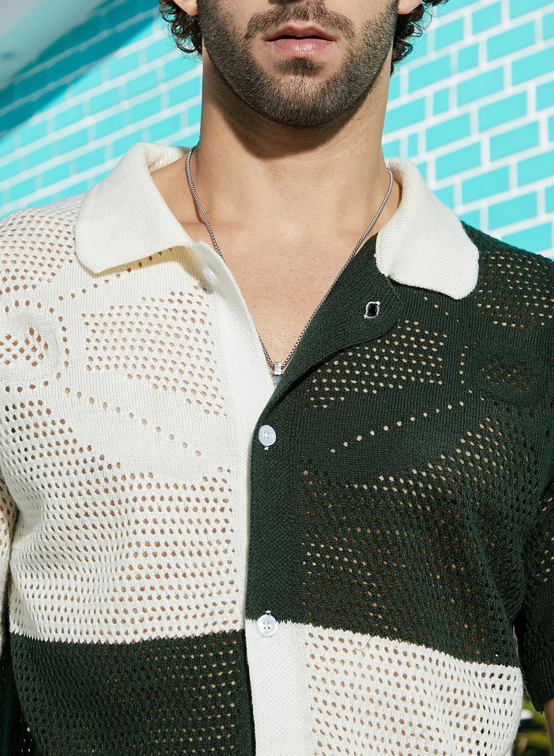 CAHOOT  Men's Emerald Green & Cream White Block Open-Knit Polo Shirt for Men | Best Price UAE