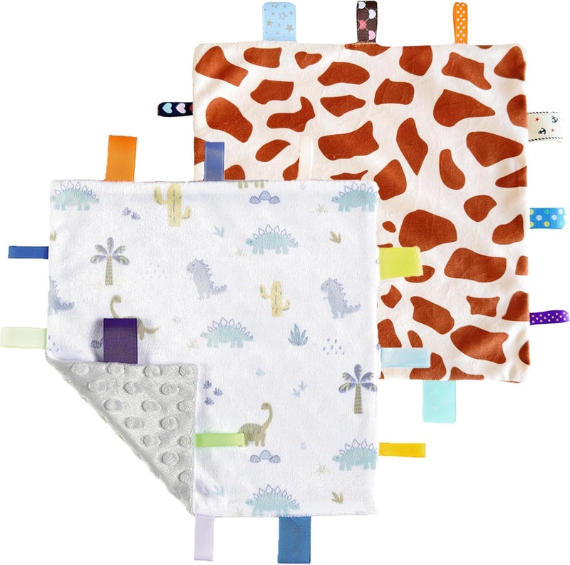 CREVENT Tag Security Blankets for Babies, Soft Small Loveys for Boys, Baby Comforter Sensory Blanket, Great Gifts for Birthday Baby Shower (24X24cm GiraffeDot+Dino) - Image 1