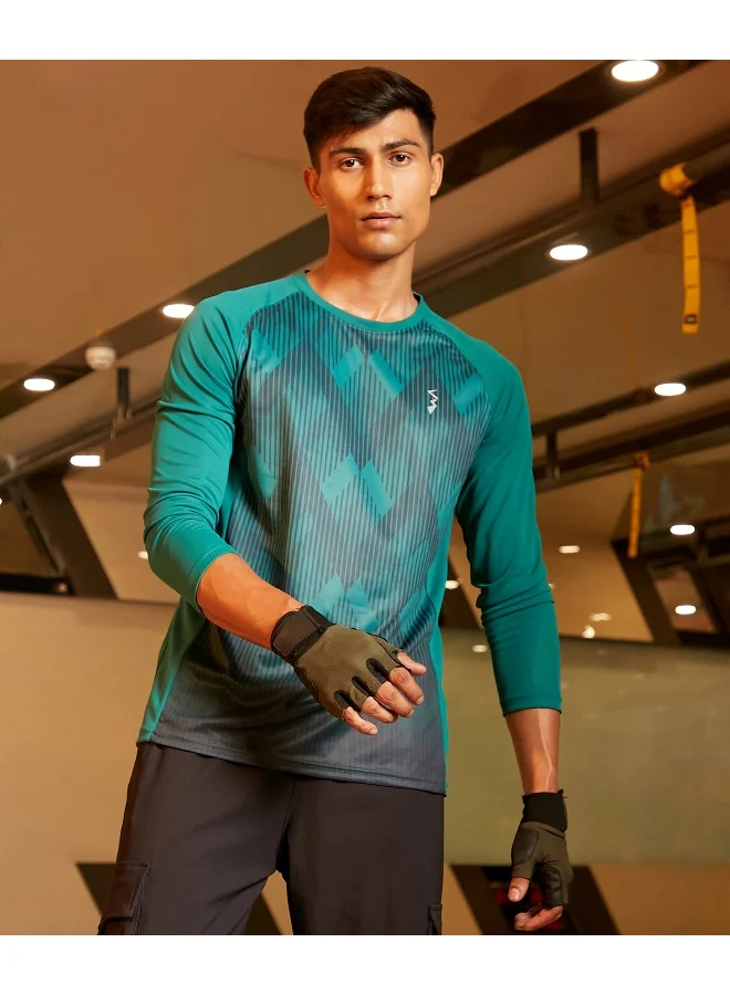 Campus Sutra CS Life Men's Forest Green Geometric Activewear T-Shirt For Casual Wear | Crew Neck | Long Sleeve | Anti-Odor | Dri-Fit | Jersey T-Shirt Crafted With Comfort Fit & High-Performance