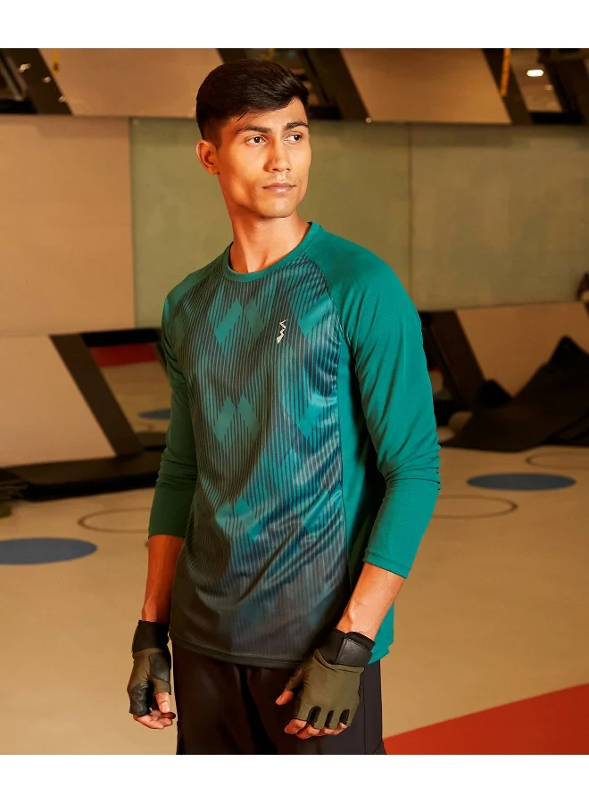 CS Life Men's Forest Green Geometric Activewear T-Shirt For Casual Wear | Crew Neck | Long Sleeve | Anti-Odor | Dri-Fit | Jersey T-Shirt Crafted With Comfort Fit & High-Performance