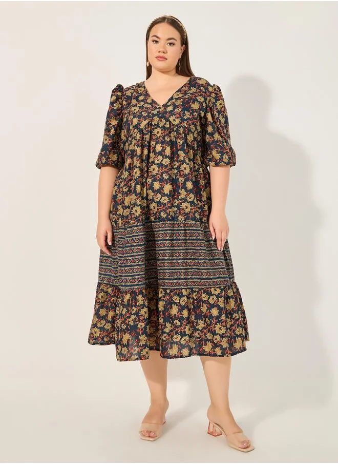 ستايلي Plus Size Floral Print V Neck Tiered Midi Dress