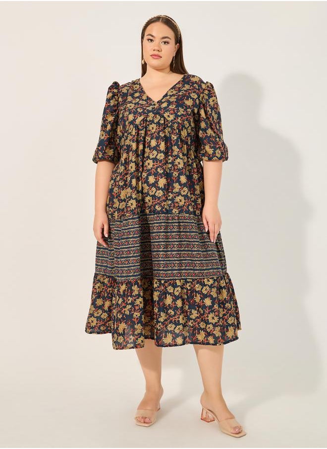 Styli Plus Size Floral Print V Neck Tiered Midi Dress  - Image 2