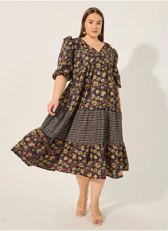 ستايلي Plus Size Floral Print V Neck Tiered Midi Dress