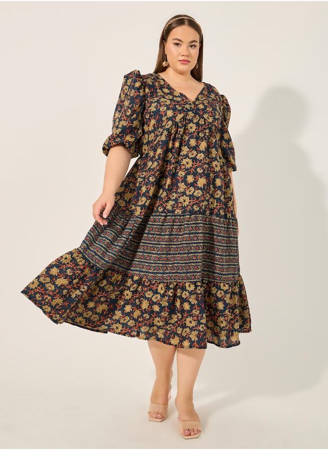 Styli Plus Size Floral Print V Neck Tiered Midi Dress  - Image 1