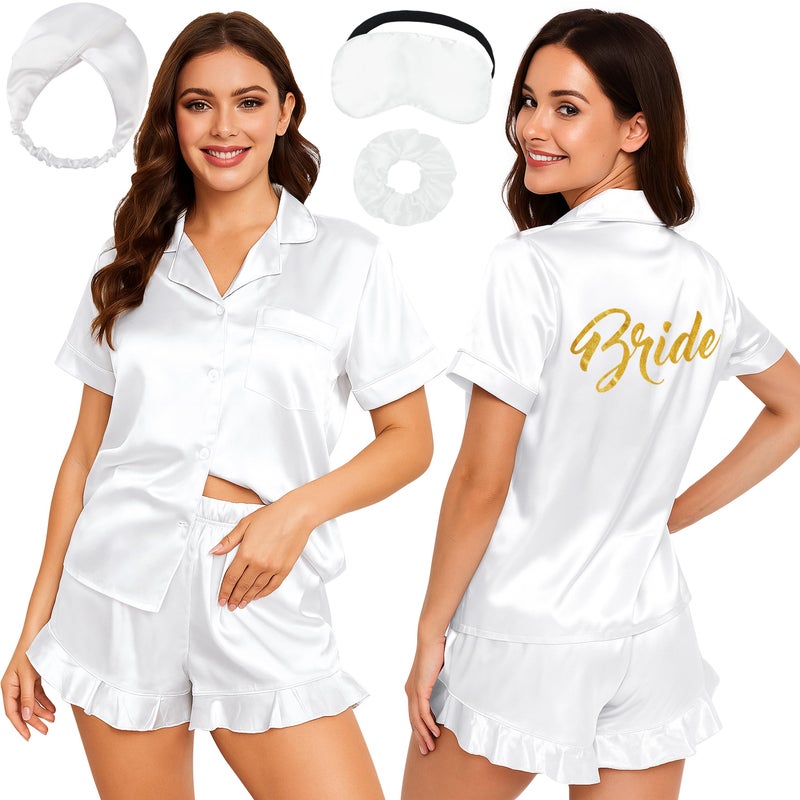 EPLAZA Bride Bridal Pajamas Set Women Bridesmaid Pajamas with Glitter 2pcs Silk Satin Pjs Set for Bridal Bachelor Party Gifts (White-BR,M) - Image 1