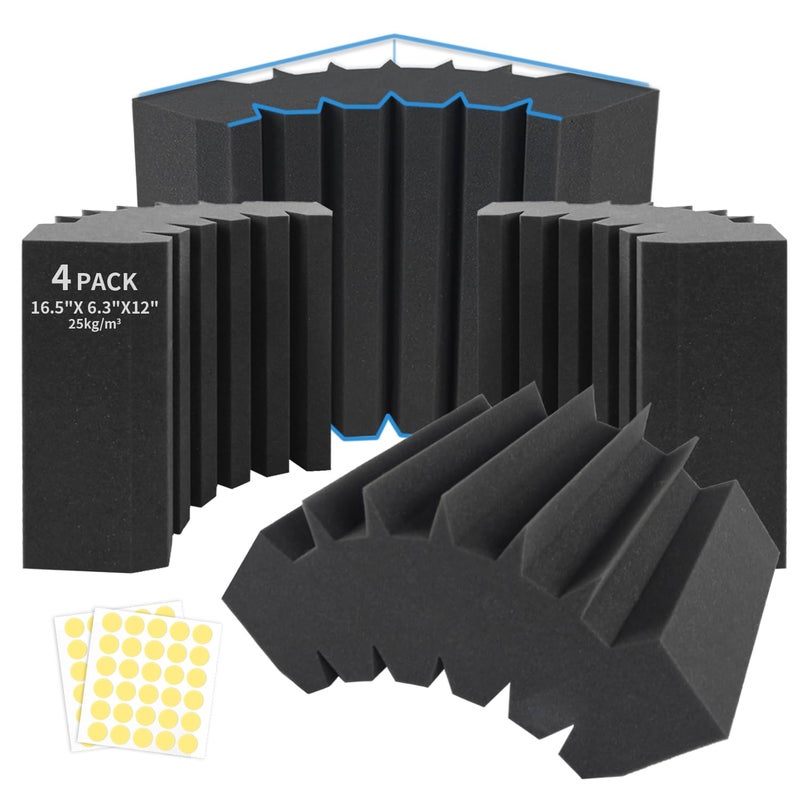 Focusound 4 Pack Bass Traps Corner Acoustic Foam Corner 16.5" X 6.3" X 12" Acoustic Foam Panels Soundproof Padding Wall Panel Corner Block for Home Studio and Theater - Image 1