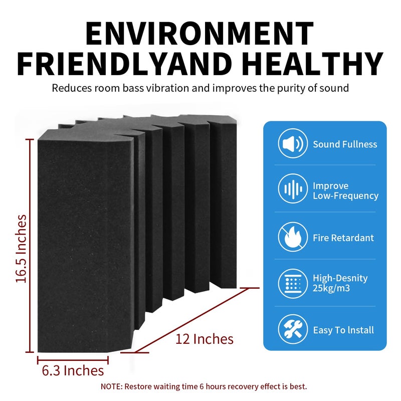 Focusound 4 Pack Bass Traps Corner Acoustic Foam Corner 16.5" X 6.3" X 12" Acoustic Foam Panels Soundproof Padding Wall Panel Corner Block for Home Studio and Theater - Image 5