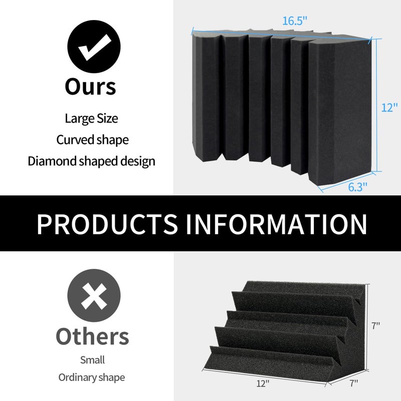 Focusound 4 Pack Bass Traps Corner Acoustic Foam Corner 16.5" X 6.3" X 12" Acoustic Foam Panels Soundproof Padding Wall Panel Corner Block for Home Studio and Theater - Image 2