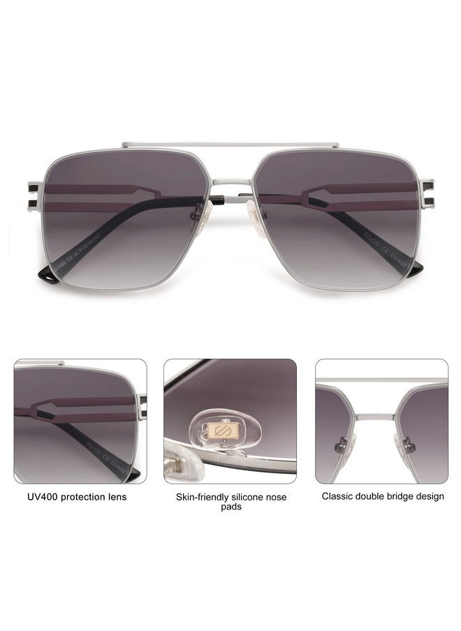 Sojos Oversized Retro Square Metal Frame Sunglasses, Large Vintage Double Bridge Flat Lens Unisex Sunglasses Sj1180, Silver Frame/Grey Grading Lens  - Image 4