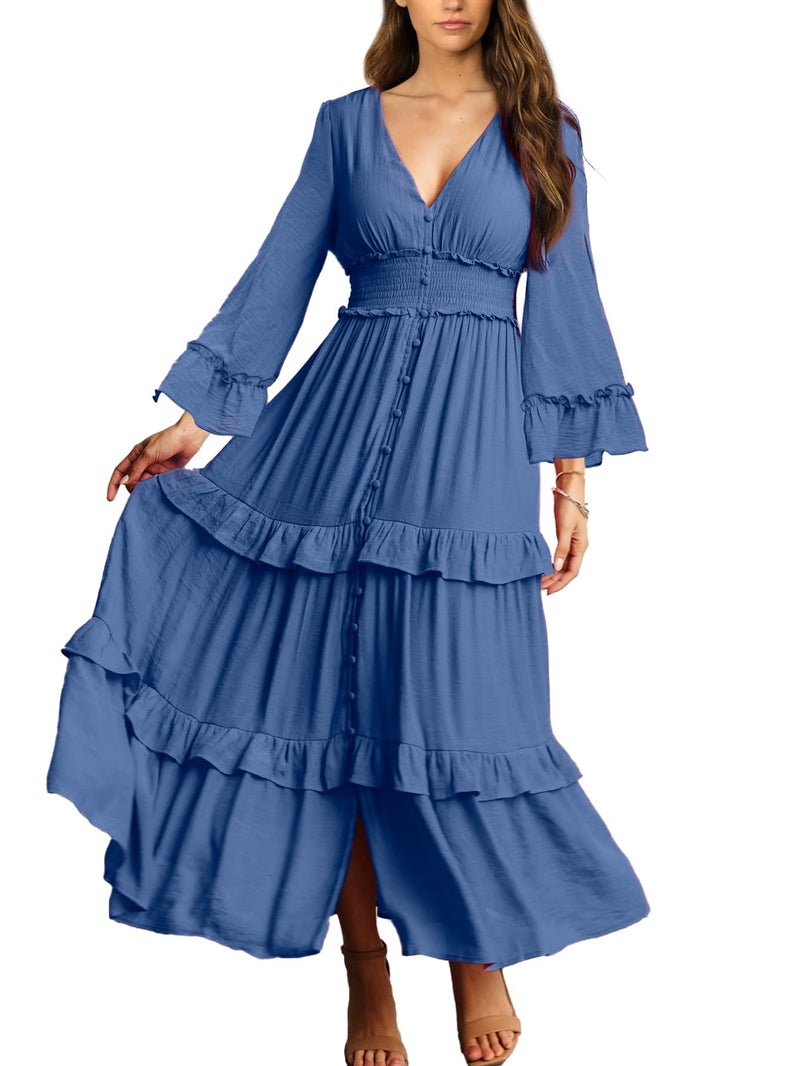 Amegoya Women's V Neck Long Sleeve Boho Maxi Dress Smocked Empire Waist Flowy Ruffle Tiered Photoshoot Dress (Dusty Blue XL) - Image 1