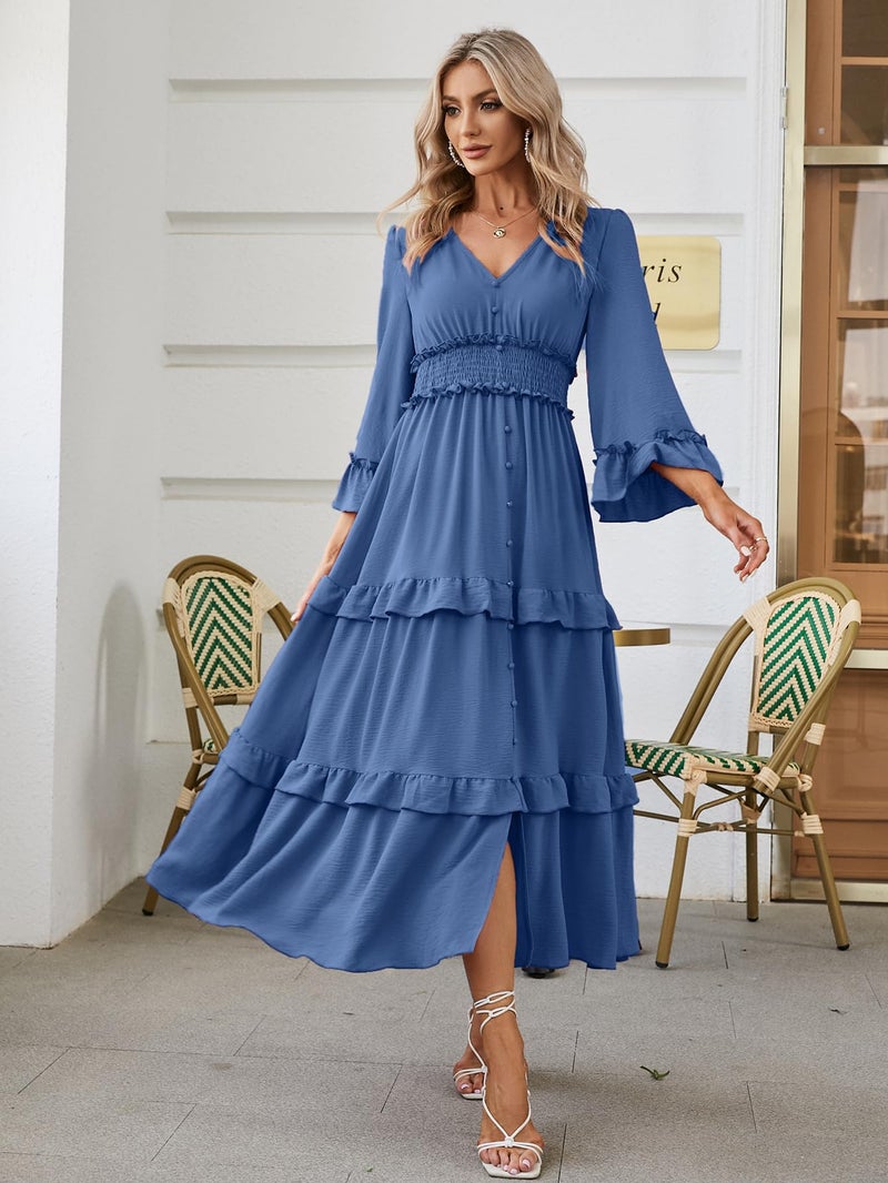 Amegoya Women's V Neck Long Sleeve Boho Maxi Dress Smocked Empire Waist Flowy Ruffle Tiered Photoshoot Dress (Dusty Blue XL) - Image 2