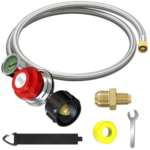 GardenNow 5FT 0-30 PSI Adjustable High Pressure Propane Regulator with Gauge 0~60PSI Gas Flow Indicator Stainless Propane QCC1 Hose with 3/8 Flare x 1/8 MNPT Fits for LP Gas Cooker, Burner, Turkey Fryer, Smoker - Image 1