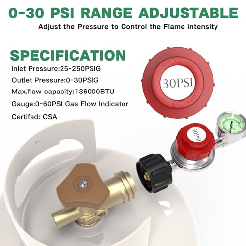 GardenNow 5FT 0-30 PSI Adjustable High Pressure Propane Regulator with Gauge 0~60PSI Gas Flow Indicator Stainless Propane QCC1 Hose with 3/8 Flare x 1/8 MNPT Fits for LP Gas Cooker, Burner, Turkey Fryer, Smoker - Image 5