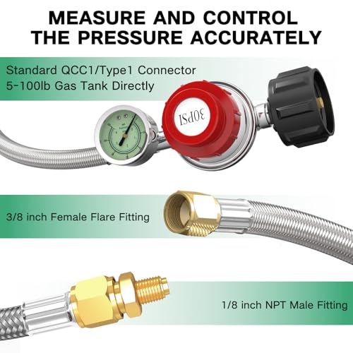 GardenNow 5FT 0-30 PSI Adjustable High Pressure Propane Regulator with Gauge 0~60PSI Gas Flow Indicator Stainless Propane QCC1 Hose with 3/8 Flare x 1/8 MNPT Fits for LP Gas Cooker, Burner, Turkey Fryer, Smoker - Image 3