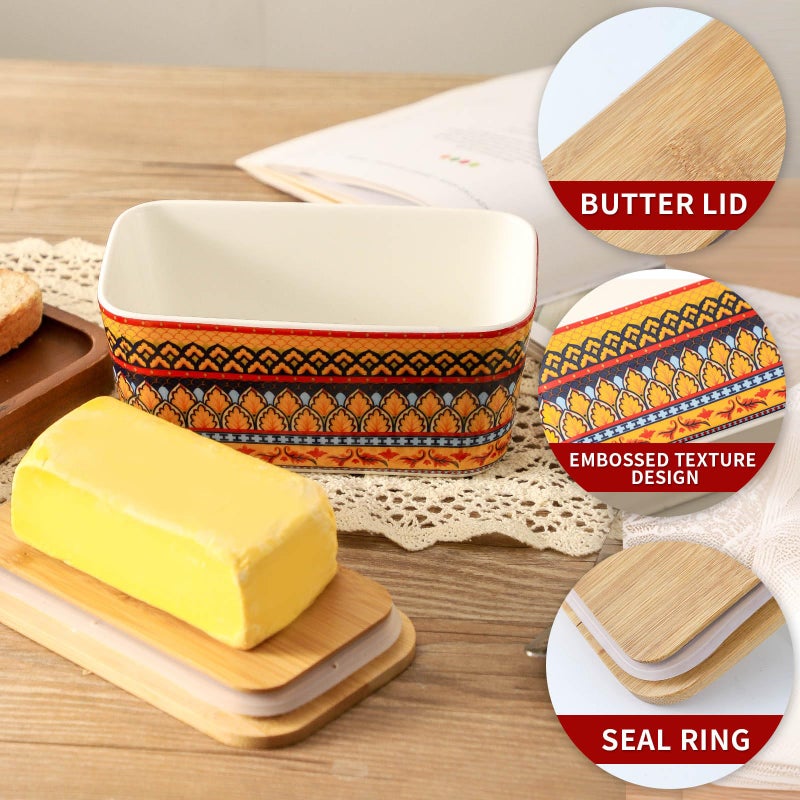 Tikooere Ceramic Butter Dish with Lid,Large Butter Container with Airtight Cover for Countertop or Refrigerator,Farmhouse Kitchen Butter Holder for Gift,Dishwasher Safe,Yellow Printing - Image 4