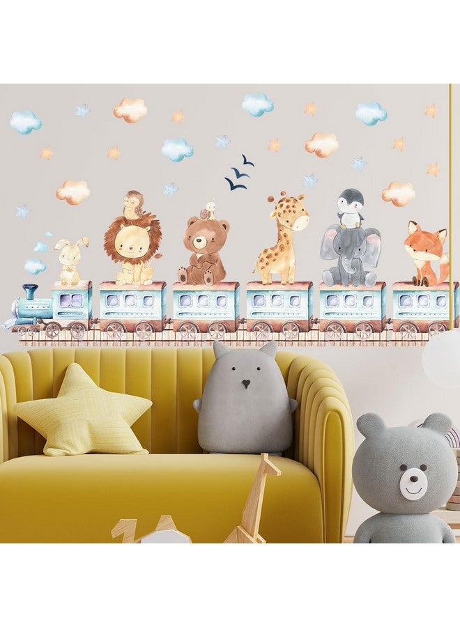 Forest Baby Animals Train Wall Stickers Elephant Lion Giraffe Bear Safari Wall Decals Watercolor Cloud Stars Baby Bedroom Nursery Kids Room Classroom Daycare Wall Decor - Image 3