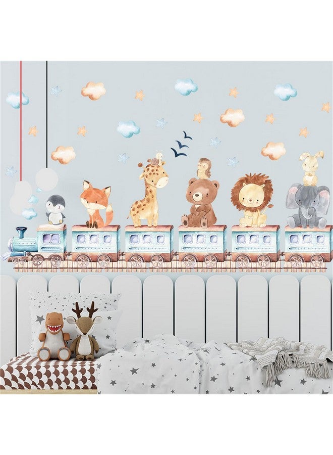 Forest Baby Animals Train Wall Stickers Elephant Lion Giraffe Bear Safari Wall Decals Watercolor Cloud Stars Baby Bedroom Nursery Kids Room Classroom Daycare Wall Decor - Image 1