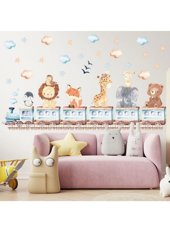 Forest Baby Animals Train Wall Stickers Elephant Lion Giraffe Bear Safari Wall Decals Watercolor Cloud Stars Baby Bedroom Nursery Kids Room Classroom Daycare Wall Decor - Image 4