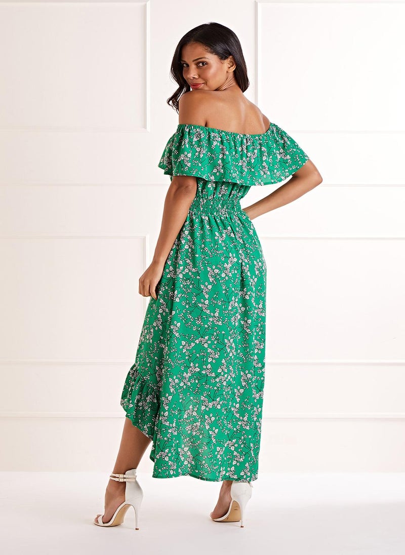 Yumi - Yumi Green Bardot Asymmetric Maxi Dress - Image 1