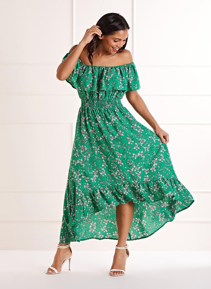 Yumi - Yumi Green Bardot Asymmetric Maxi Dress - Image 1