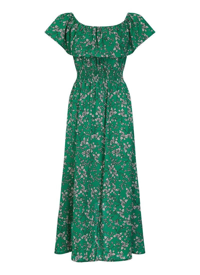 Yumi - Yumi Green Bardot Asymmetric Maxi Dress - Image 1