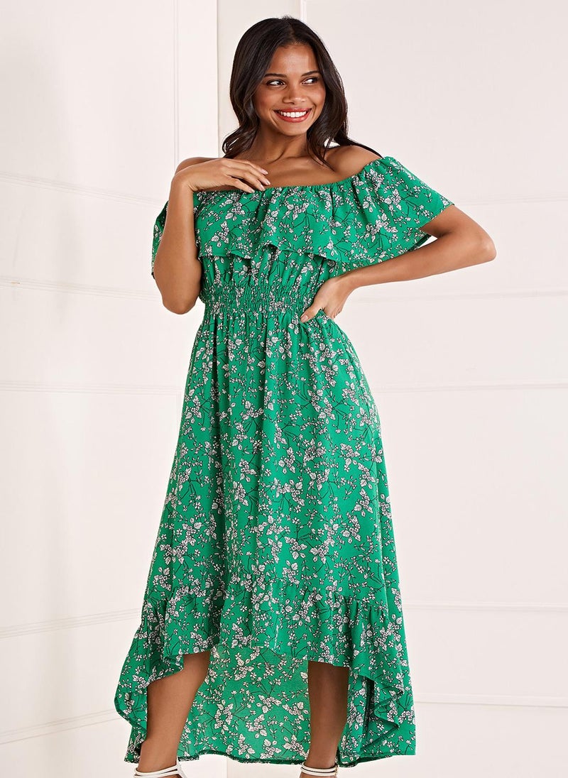 Yumi - Yumi Green Bardot Asymmetric Maxi Dress - Image 1