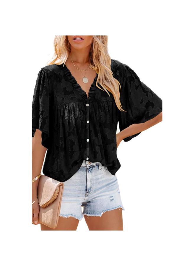 VUELO Summer New V-neck Cardigan Half Sleeve Chiffon Shirt European And American Women's Fashion Solid Color Top Women