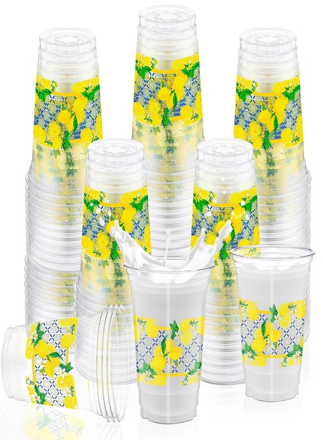 Singhoow 50 Pcs Capri Lemon Plastic Cups Bulk 16 oz Blue Tiles Yellow Lemon Party Disposable Drinking Cups for Lemonade Stand Supplies Hot Cold Drinks Juices Summer Amalfi Coast Party Decorations - Image 1