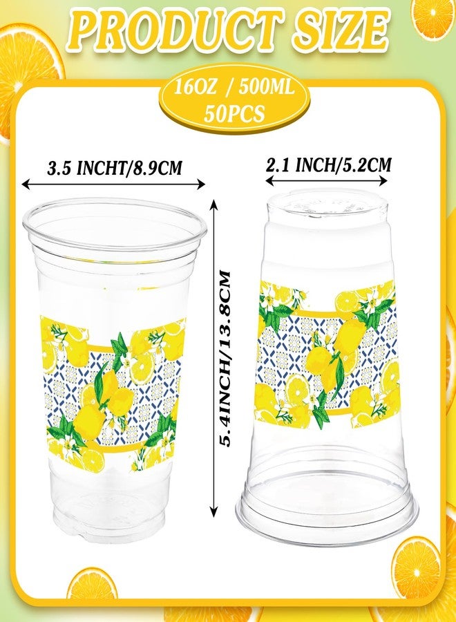 Singhoow 50 Pcs Capri Lemon Plastic Cups Bulk 16 oz Blue Tiles Yellow Lemon Party Disposable Drinking Cups for Lemonade Stand Supplies Hot Cold Drinks Juices Summer Amalfi Coast Party Decorations - Image 2