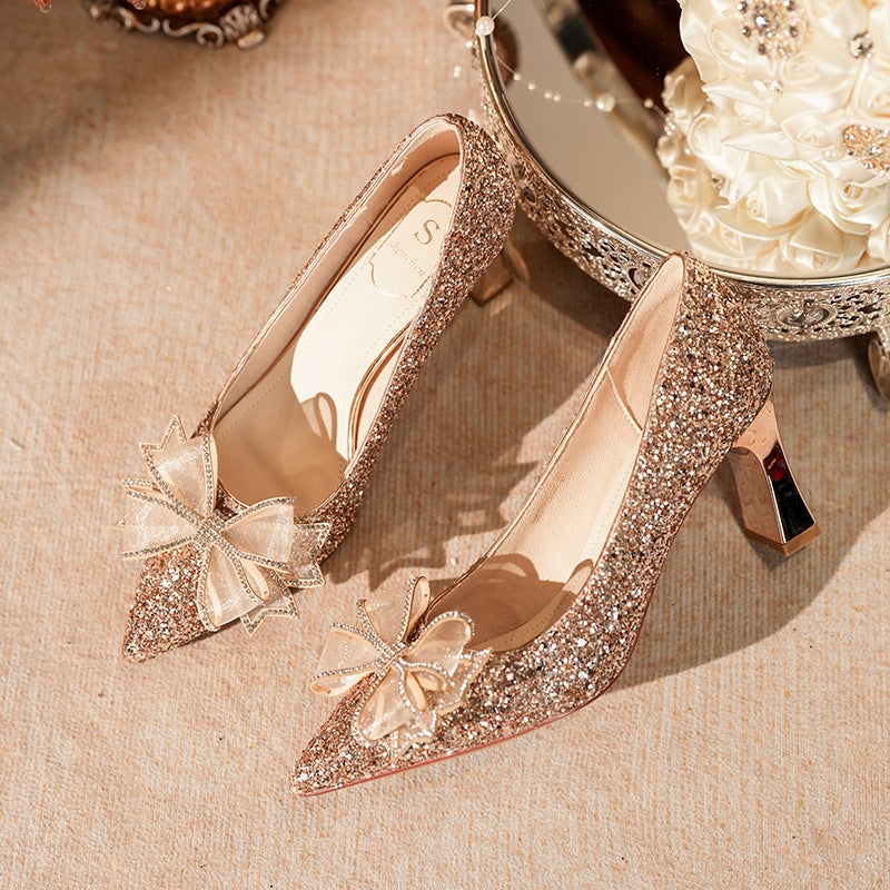 C755-19 High Heels Wedding Shoes Bridal Shoes Wedding Party Pointed Bridesmaid Shoes Plus Size All-Matching 32-43 - Image 1