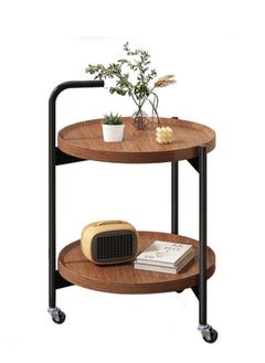 2-Tier Small Round Side Table, Mid Century Modern Walnut Finish Movable Round Coffee Table with MDF Top - Small Rolling Cart for Living Room, Bedside or Sofa Side Table