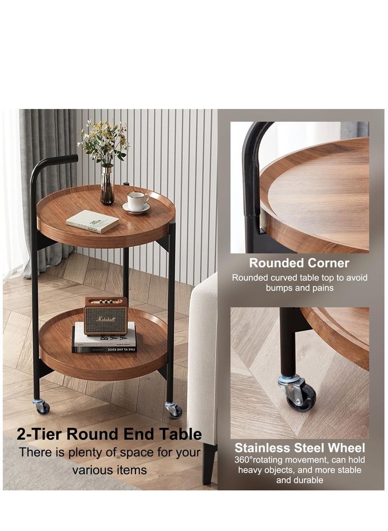 Arabest - 2-Tier Small Round Side Table, Mid Century Modern Walnut Finish Movable Round Coffee Table with MDF Top - Small Rolling Cart for Living Room, Bedside or Sofa Side Table - Image 1