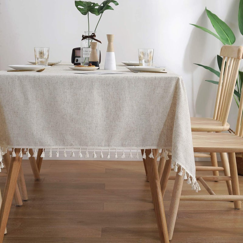 ColorBird ColorBird Solid Color Tassel Tablecloth Cotton Linen DustProof ShrinkProof Table Cover for Kitchen Dining Farmhouse Tabletop Decoration RectangleOblong 55 x 102 Inch Neutral