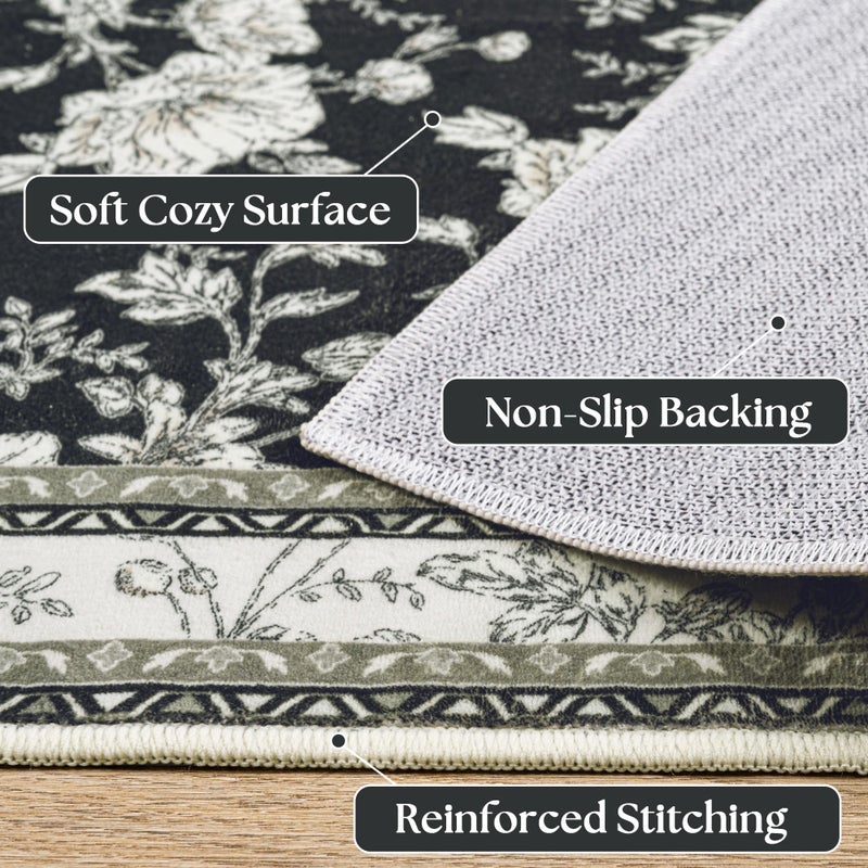 BILEEHOME Black Floral Rug 5x7 Machine Washable Area Rug for Living Room Vintage Boho Farmhouse Low Pile Distressed Carpet for Dining Room, Bedroom Indoor Non-Slip Black Beige Taupe Flower Design Home Decor - Image 4