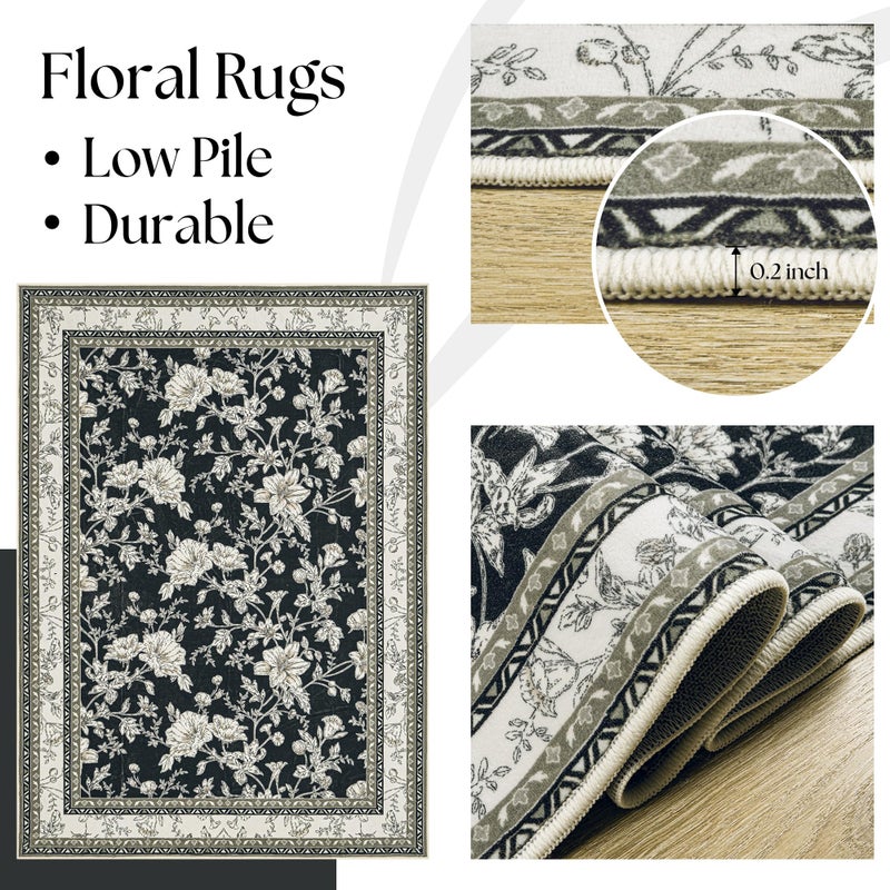 BILEEHOME Black Floral Rug 5x7 Machine Washable Area Rug for Living Room Vintage Boho Farmhouse Low Pile Distressed Carpet for Dining Room, Bedroom Indoor Non-Slip Black Beige Taupe Flower Design Home Decor - Image 5
