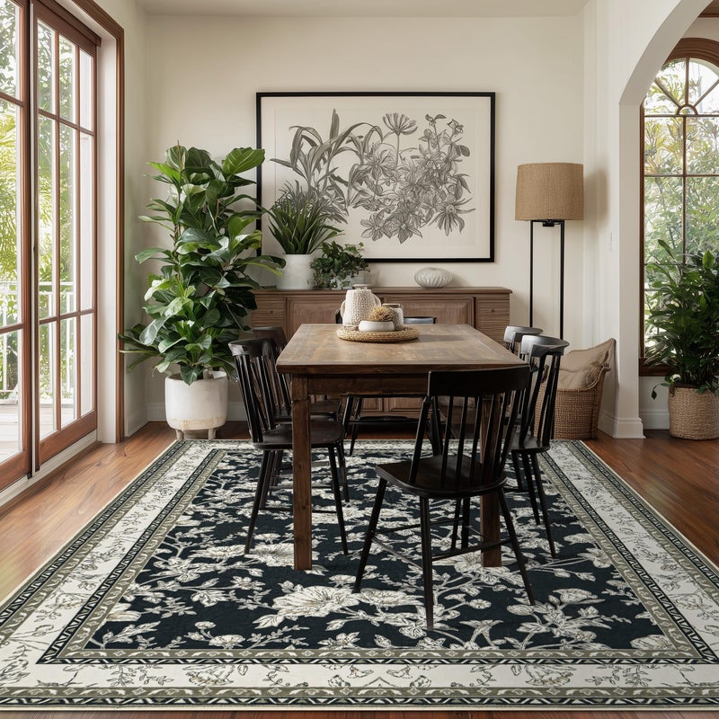 BILEEHOME Black Floral Rug 5x7 Machine Washable Area Rug for Living Room Vintage Boho Farmhouse Low Pile Distressed Carpet for Dining Room, Bedroom Indoor Non-Slip Black Beige Taupe Flower Design Home Decor - Image 3