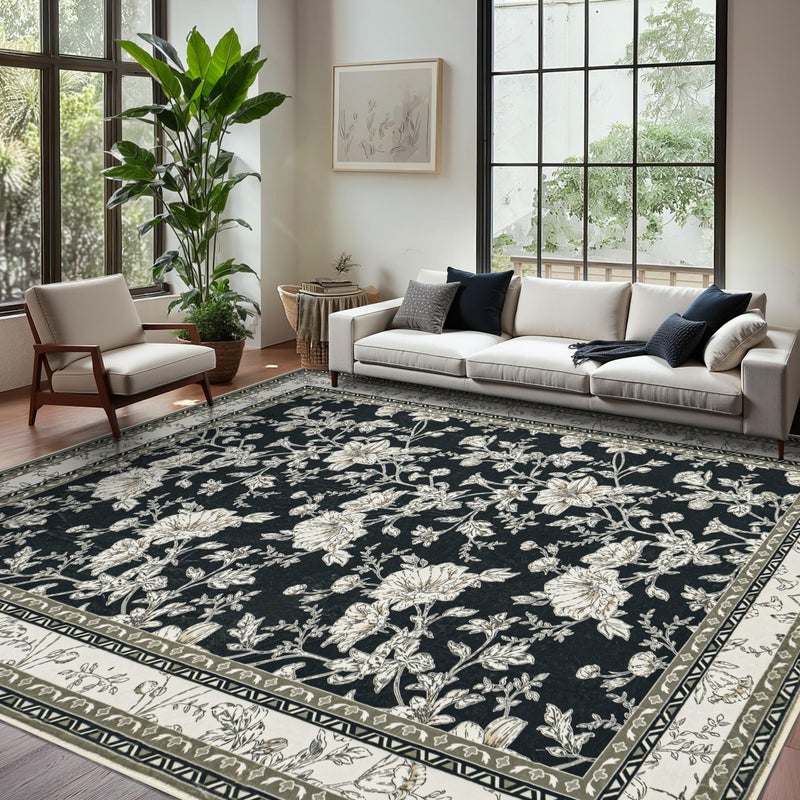 BILEEHOME Black Floral Rug 5x7 Machine Washable Area Rug for Living Room Vintage Boho Farmhouse Low Pile Distressed Carpet for Dining Room, Bedroom Indoor Non-Slip Black Beige Taupe Flower Design Home Decor - Image 1