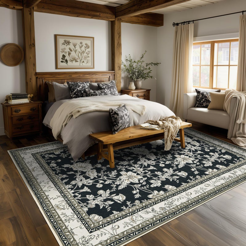 BILEEHOME Black Floral Rug 5x7 Machine Washable Area Rug for Living Room Vintage Boho Farmhouse Low Pile Distressed Carpet for Dining Room, Bedroom Indoor Non-Slip Black Beige Taupe Flower Design Home Decor - Image 2
