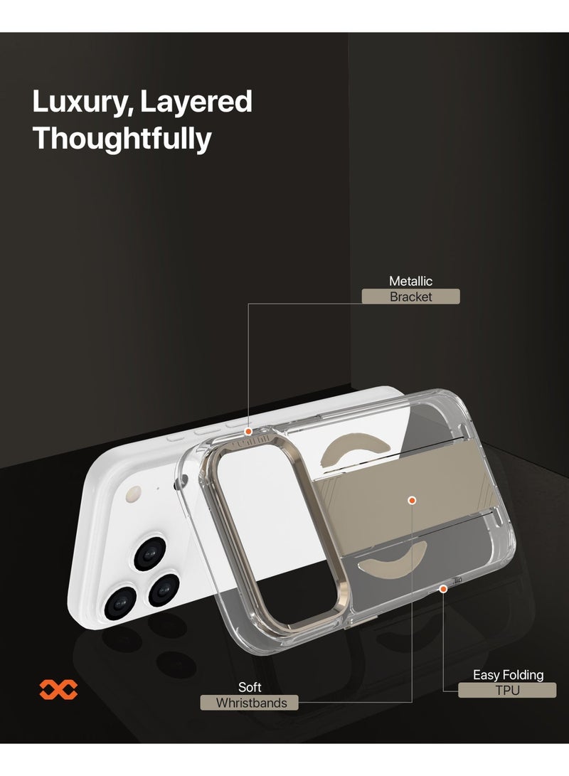 INFINYTY iPhone 17 Pro Clear Case with Soft Grey Grip & Metallic Camera Stand- Grypsta, Premium TPU+PC Build, Anti-Shock Corners, Metallic Buttons, MagSafe Compatible, Raised Camera and Screen Edges, Anti-Yellowing Coating, Durable, Long-Lasting Clarity - Image 3