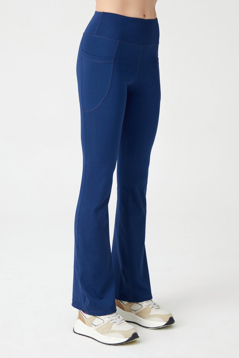 Los Ojos Women's Navy High Waist Gatherer Double Pocket Flared Leg Leggings Bootcut  - Image 4