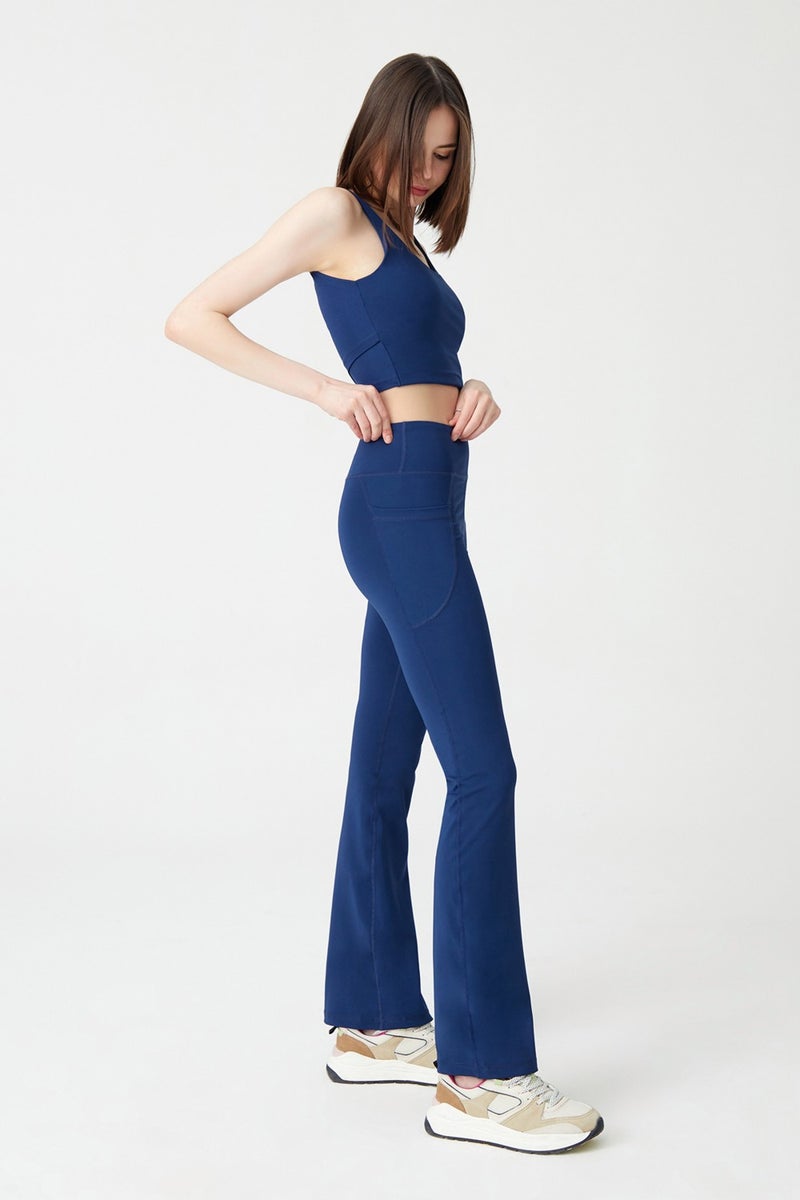 Los Ojos Women's Navy High Waist Gatherer Double Pocket Flared Leg Leggings Bootcut  - Image 1